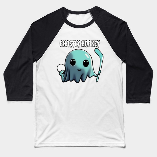 Cute ghost playing hockey: The adventures of a Ghostly Hockey Player, Halloween Baseball T-Shirt by Project Charlie